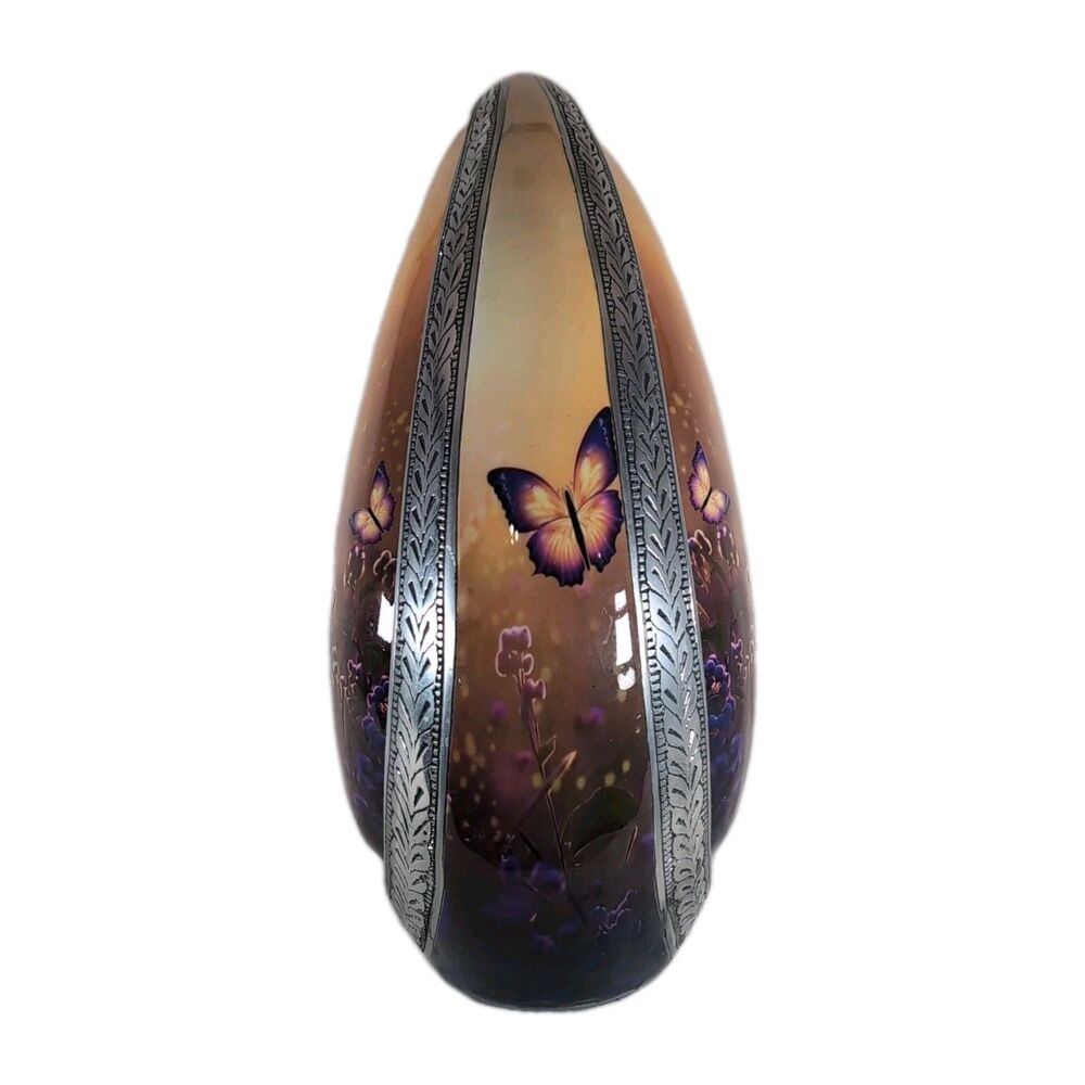 Large 12" Butterfly & Sun Etched Silver Metal Urn Yellow Purple Floral Design - Picture 2 of 6